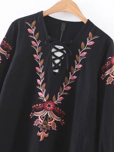 Black Embroidery Detail Lace Up V Neck Dress