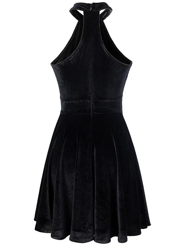 Black Halter Keyhole Velvet A Line Dress