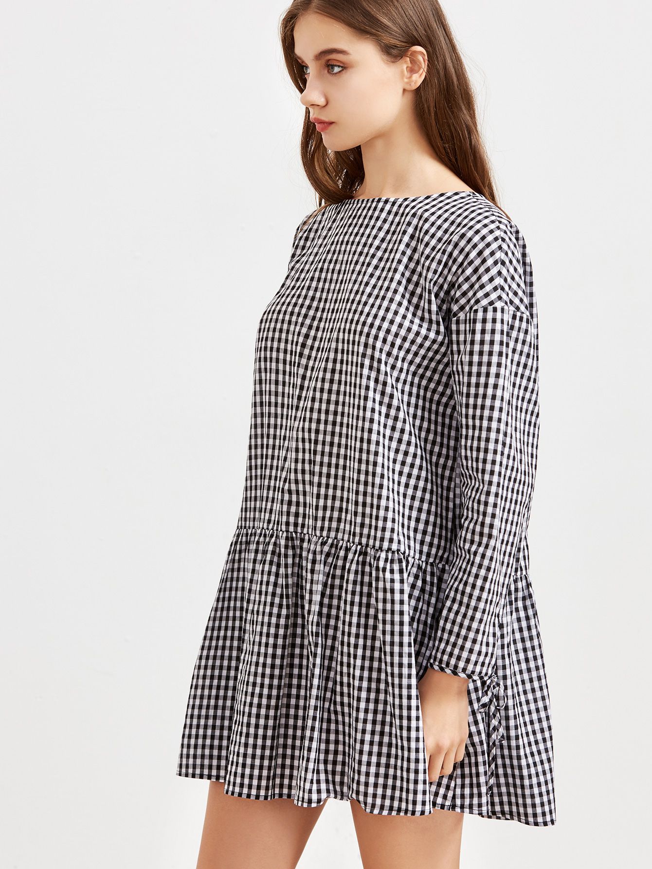 Black And White Checkered Tie Sleeve Ruffle Hem Dress