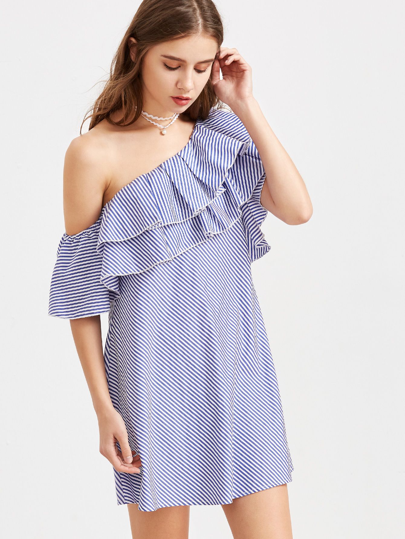 Blue Striped One Shoulder Layered Ruffle Dress