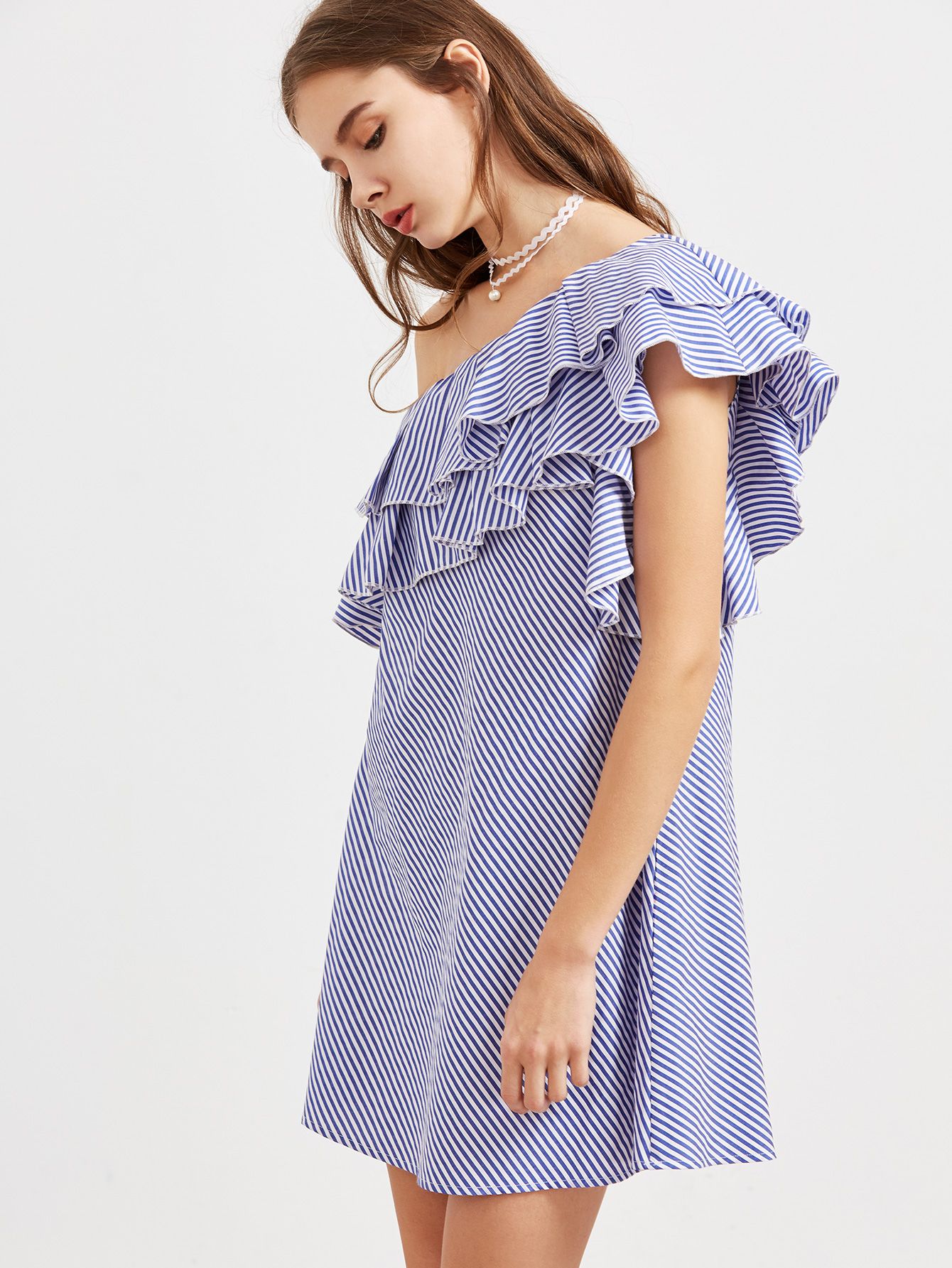 Blue Striped One Shoulder Layered Ruffle Dress