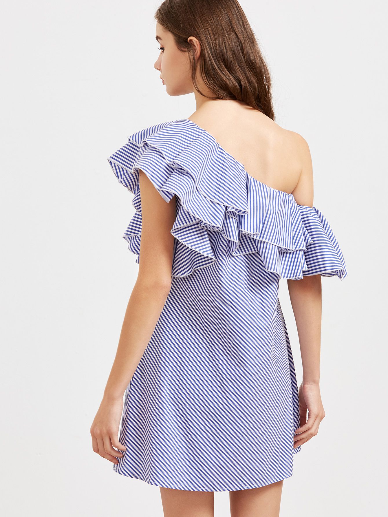 Blue Striped One Shoulder Layered Ruffle Dress