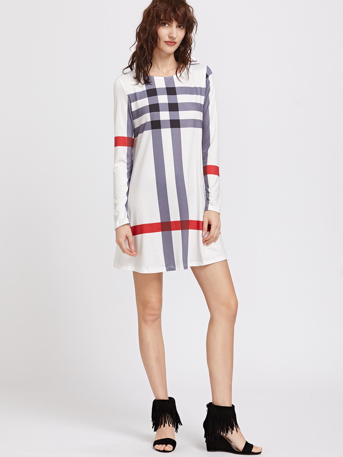 White Striped Long Sleeve Tee Dress