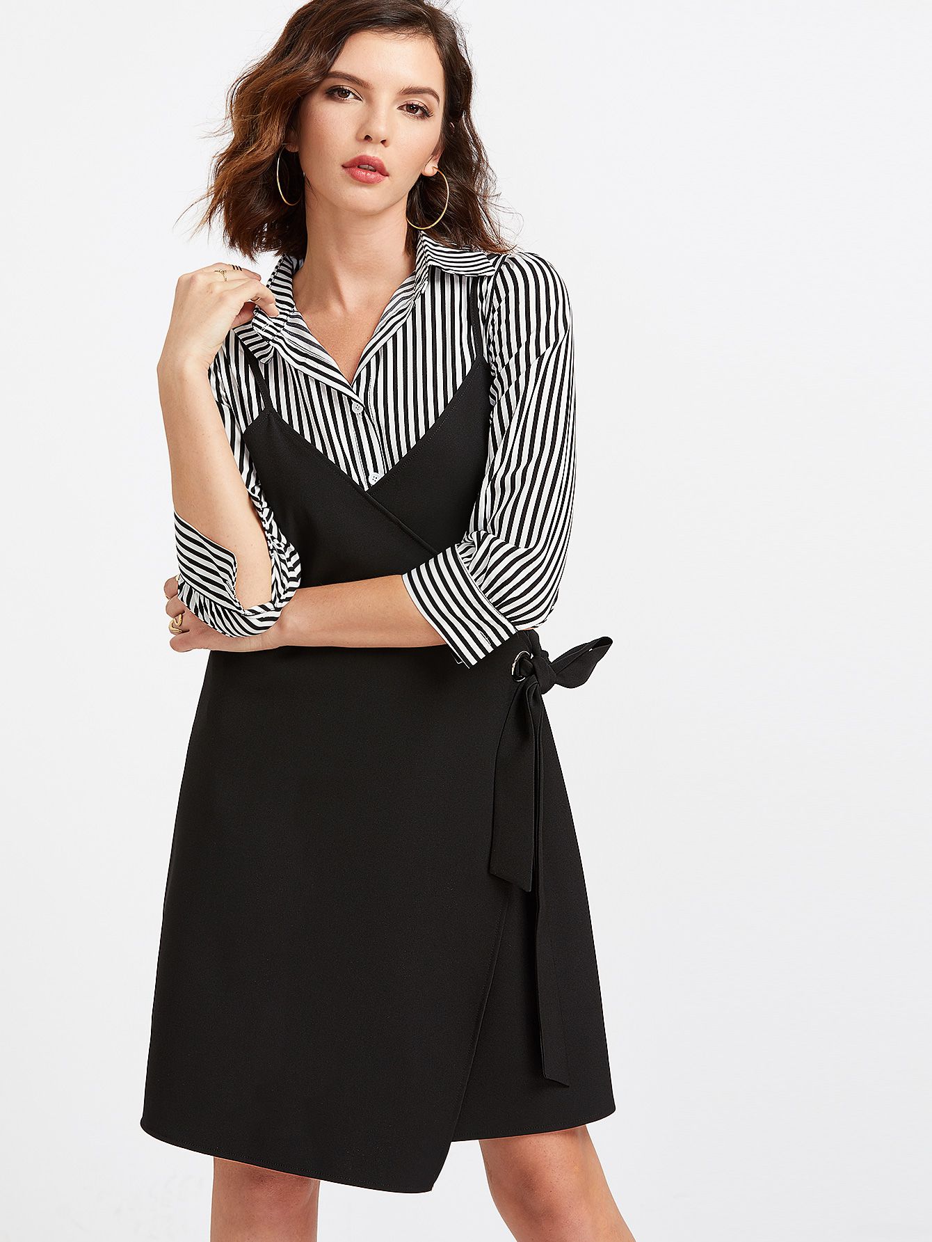 Black Spaghetti Strap Wrap Dress With Striped Blouse