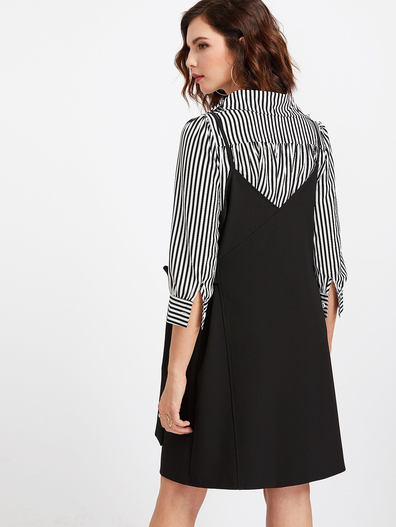 Black Spaghetti Strap Wrap Dress With Striped Blouse