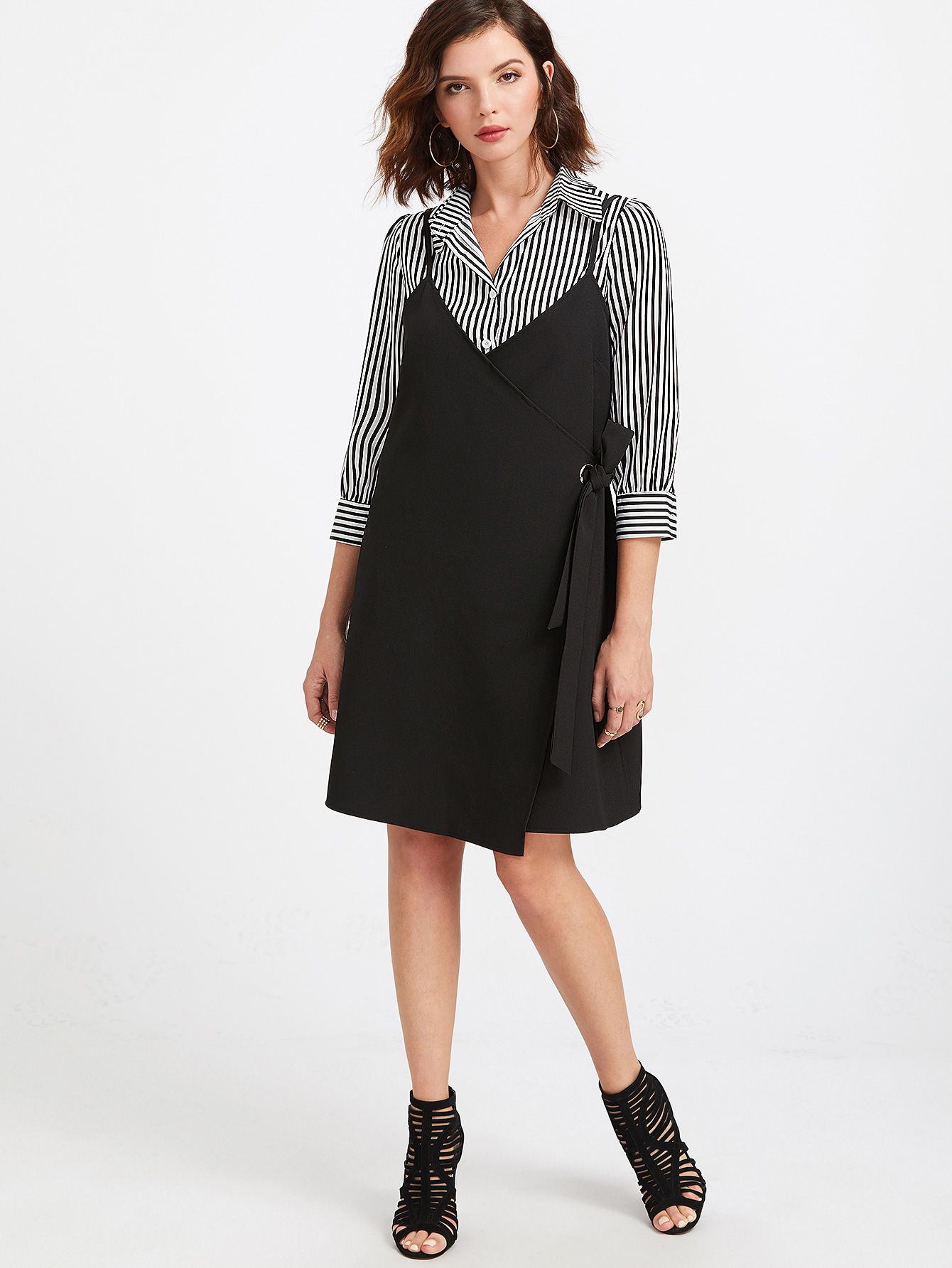 Black Spaghetti Strap Wrap Dress With Striped Blouse