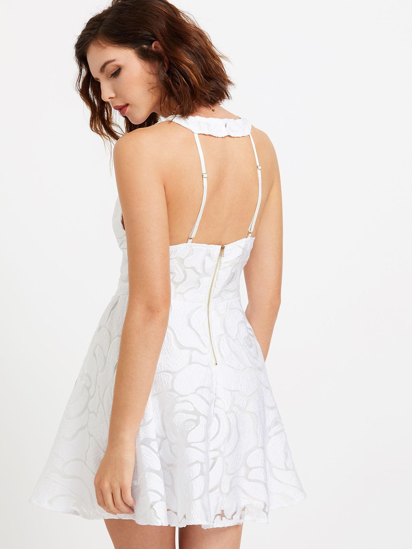 White Deep V Neck Open Back Mesh Overlay Dress