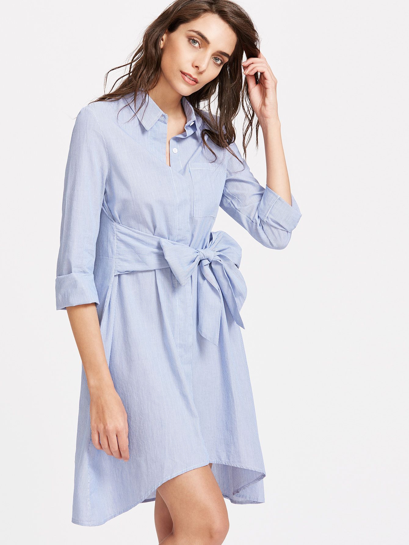 Blue Bow Tie Front High Low Shirt Dress