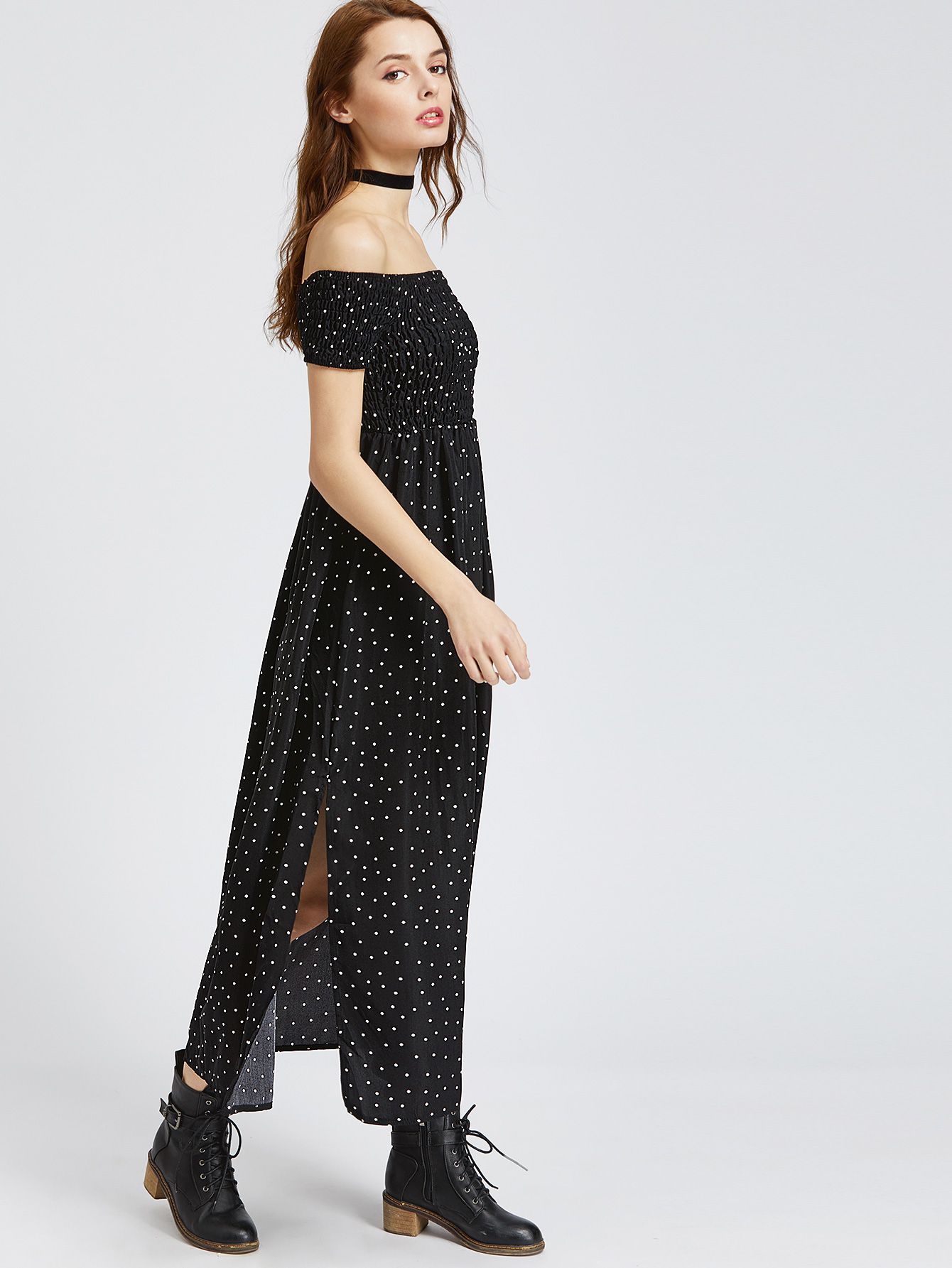 Black Polka Dot Off The Shoulder Slit Side Dress