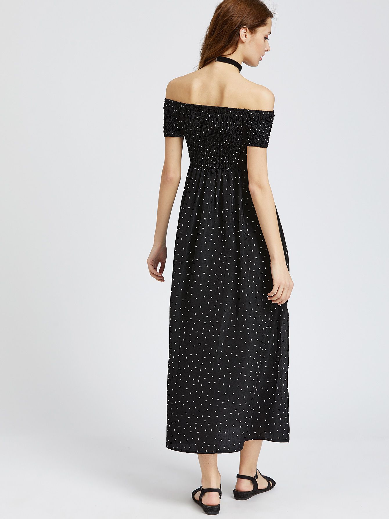 Black Polka Dot Off The Shoulder Slit Side Dress