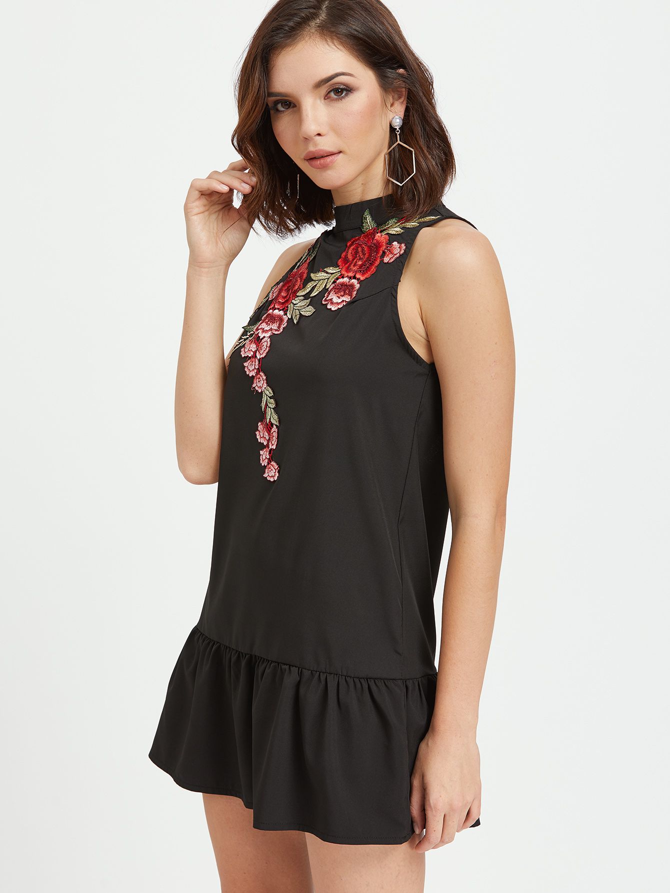 Black Open Back Applique Ruffle Hem Dress