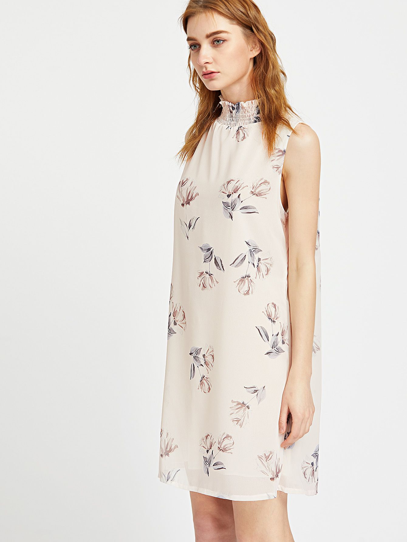 Apricot Floral Print Keyhole Back Dress