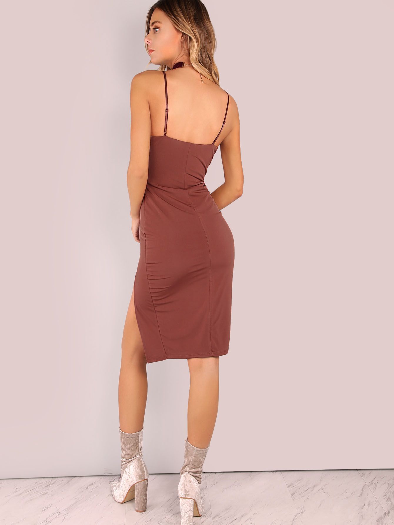 V Neck Bodycon Slit Dress DARK RED BROWN